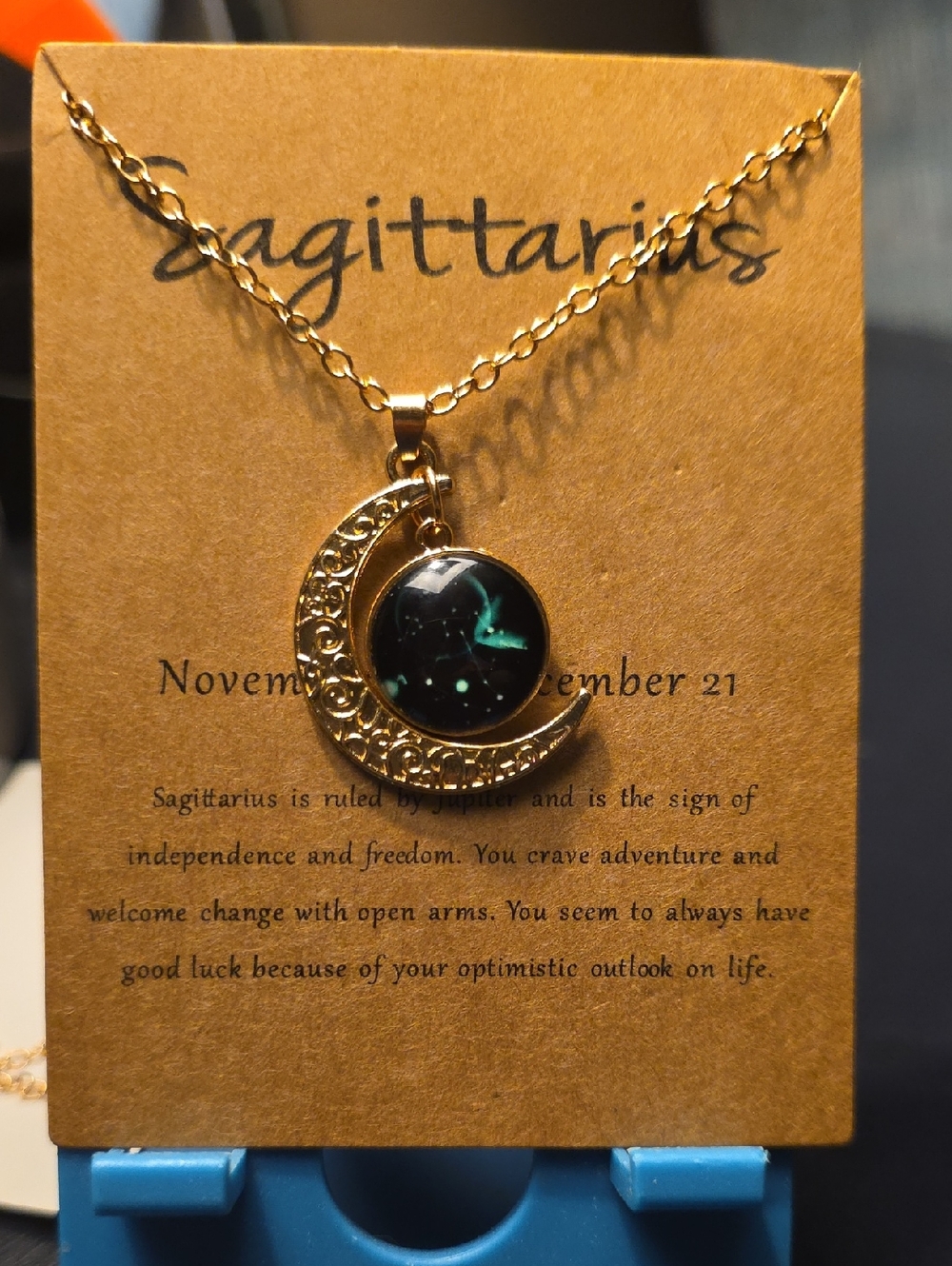 Gold Crescent Moon Sagittarius Necklace - Green Constellation Pendant